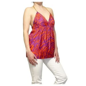 MILLY 100% Silk Red/Purple Print Chain Strap Halter Top Sz 2 $295